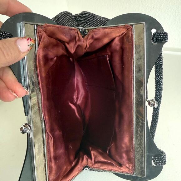 Vintage Black Floral Beaded Evening Bag Retro Glam 1950s Art Deco Collectible - Picture 4 of 8